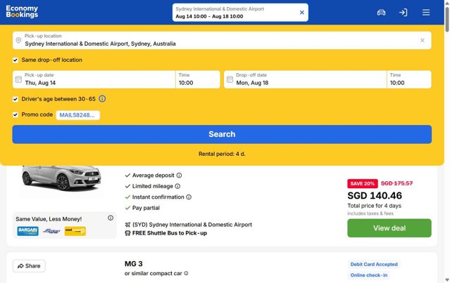 EconomyBookings.com checkout page showing EconomyBookings.com promo code box | Screenshot taken by SimplyCodes community member on Aug 12, 2025