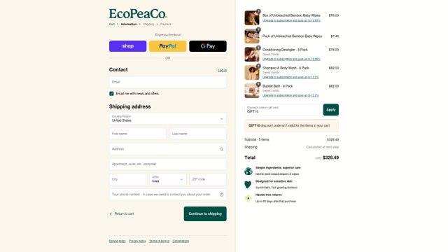 Eco Pea Co checkout page showing Eco Pea Co promo code box | Screenshot taken by SimplyCodes community member on Sep 6, 2025