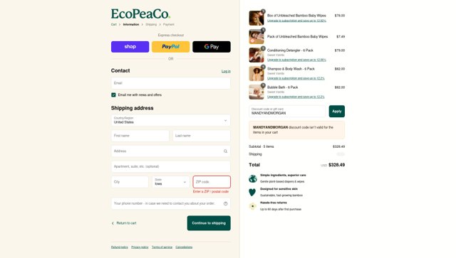 Eco Pea Co checkout page showing Eco Pea Co promo code box | Screenshot taken by SimplyCodes community member on Sep 6, 2025