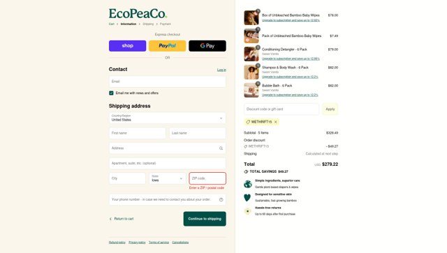 Eco Pea Co checkout page showing Eco Pea Co promo code box | Screenshot taken by SimplyCodes community member on Sep 6, 2025