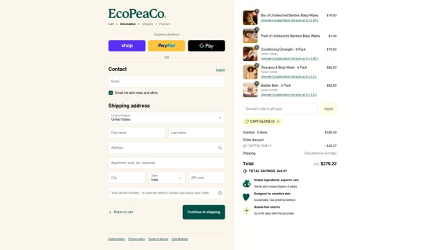 Eco Pea Co checkout page showing Eco Pea Co promo code box | Screenshot taken by SimplyCodes community member on Sep 6, 2025