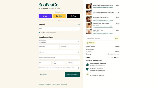 Eco Pea Co checkout page showing Eco Pea Co promo code box | Screenshot taken by SimplyCodes community member on Sep 6, 2025