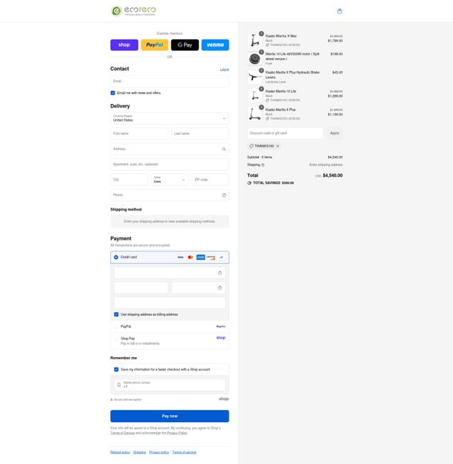 EcoReco Electric Scooter checkout page showing EcoReco Electric Scooter promo code box | Screenshot taken by SimplyCodes community member on Sep 8, 2025