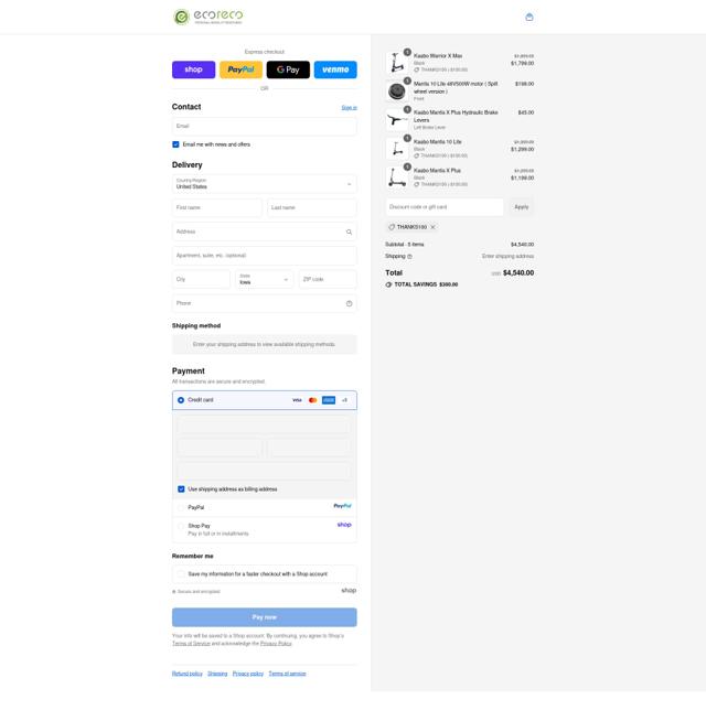 EcoReco Electric Scooter checkout page showing EcoReco Electric Scooter promo code box | Screenshot taken by SimplyCodes community member on Sep 12, 2025