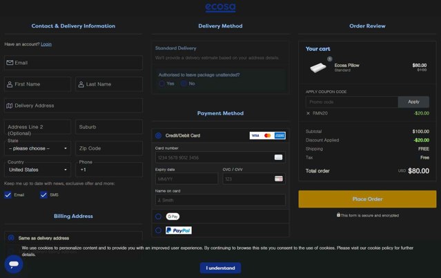 Ecosa checkout page showing Ecosa discount code box | Screenshot taken by SimplyCodes community member on Jun 5, 2025