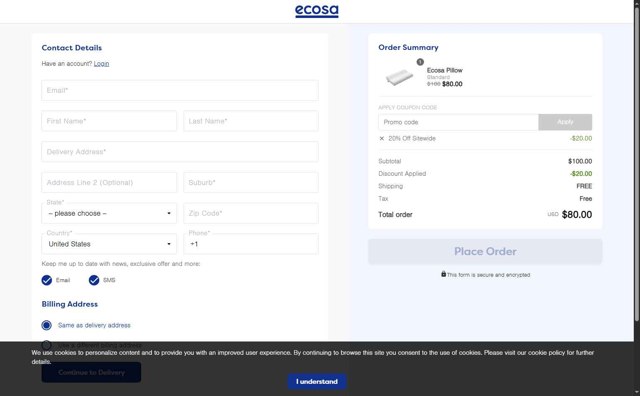Ecosa checkout page showing Ecosa discount code box | Screenshot taken by SimplyCodes community member on Aug 18, 2025