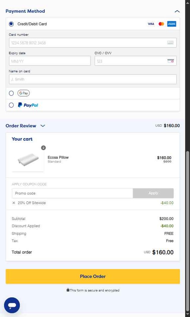 Ecosa checkout page showing Ecosa discount code box | Screenshot taken by SimplyCodes community member on Jun 5, 2025