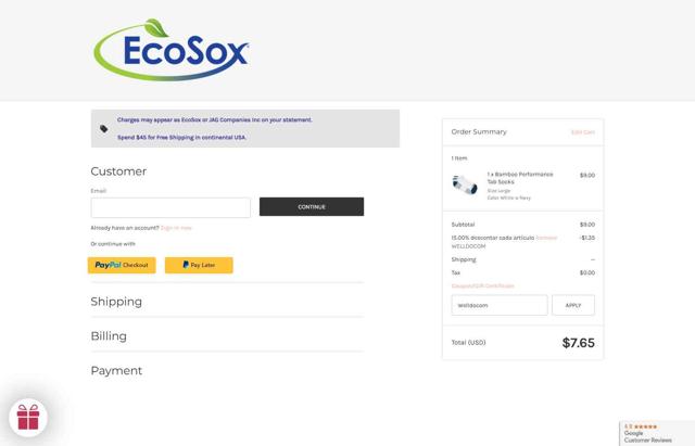 EcoSox checkout page showing EcoSox coupon code box | Screenshot taken by SimplyCodes community member on Aug 9, 2025