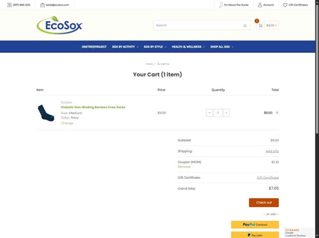 EcoSox checkout page showing EcoSox coupon code box | Screenshot taken by SimplyCodes community member on Aug 18, 2025