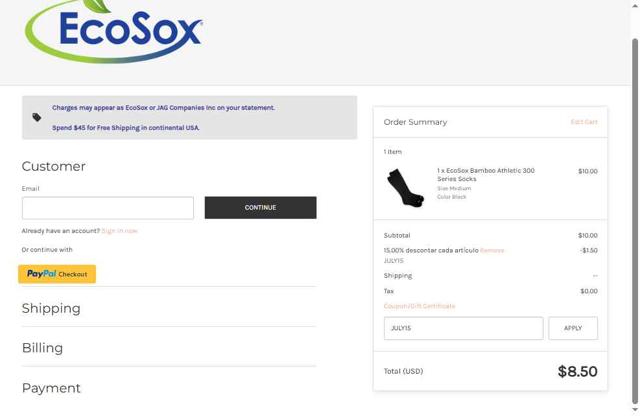 EcoSox checkout page showing EcoSox coupon code box | Screenshot taken by SimplyCodes community member on Jul 2, 2025