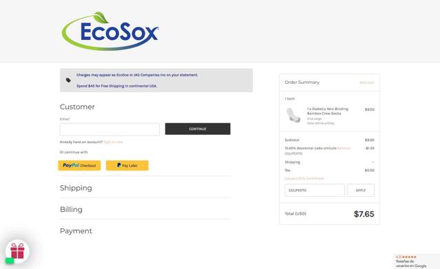EcoSox checkout page showing EcoSox coupon code box | Screenshot taken by SimplyCodes community member on Aug 17, 2025