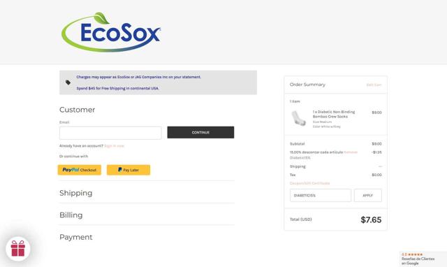 EcoSox checkout page showing EcoSox coupon code box | Screenshot taken by SimplyCodes community member on Aug 30, 2025