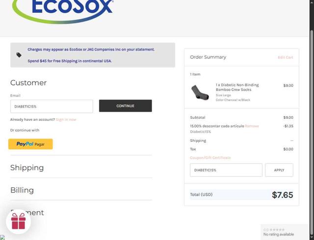 EcoSox checkout page showing EcoSox coupon code box | Screenshot taken by SimplyCodes community member on Aug 30, 2025