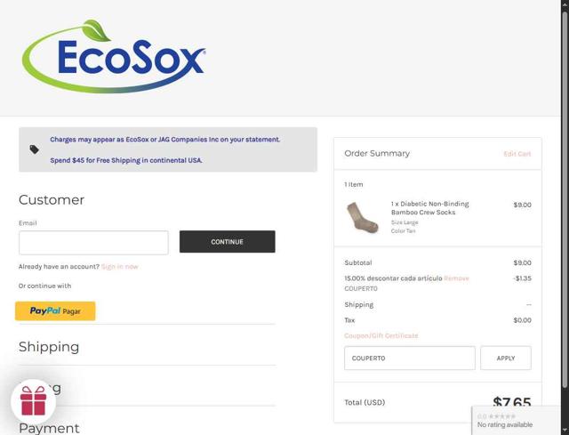 EcoSox checkout page showing EcoSox coupon code box | Screenshot taken by SimplyCodes community member on Jul 19, 2025