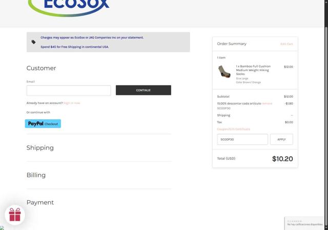 EcoSox checkout page showing EcoSox coupon code box | Screenshot taken by SimplyCodes community member on Jun 4, 2025