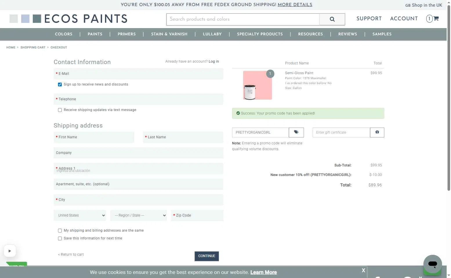 ECOS Paints checkout page showing ECOS Paints coupon code box | Screenshot taken by SimplyCodes community member on Jan 7, 2026