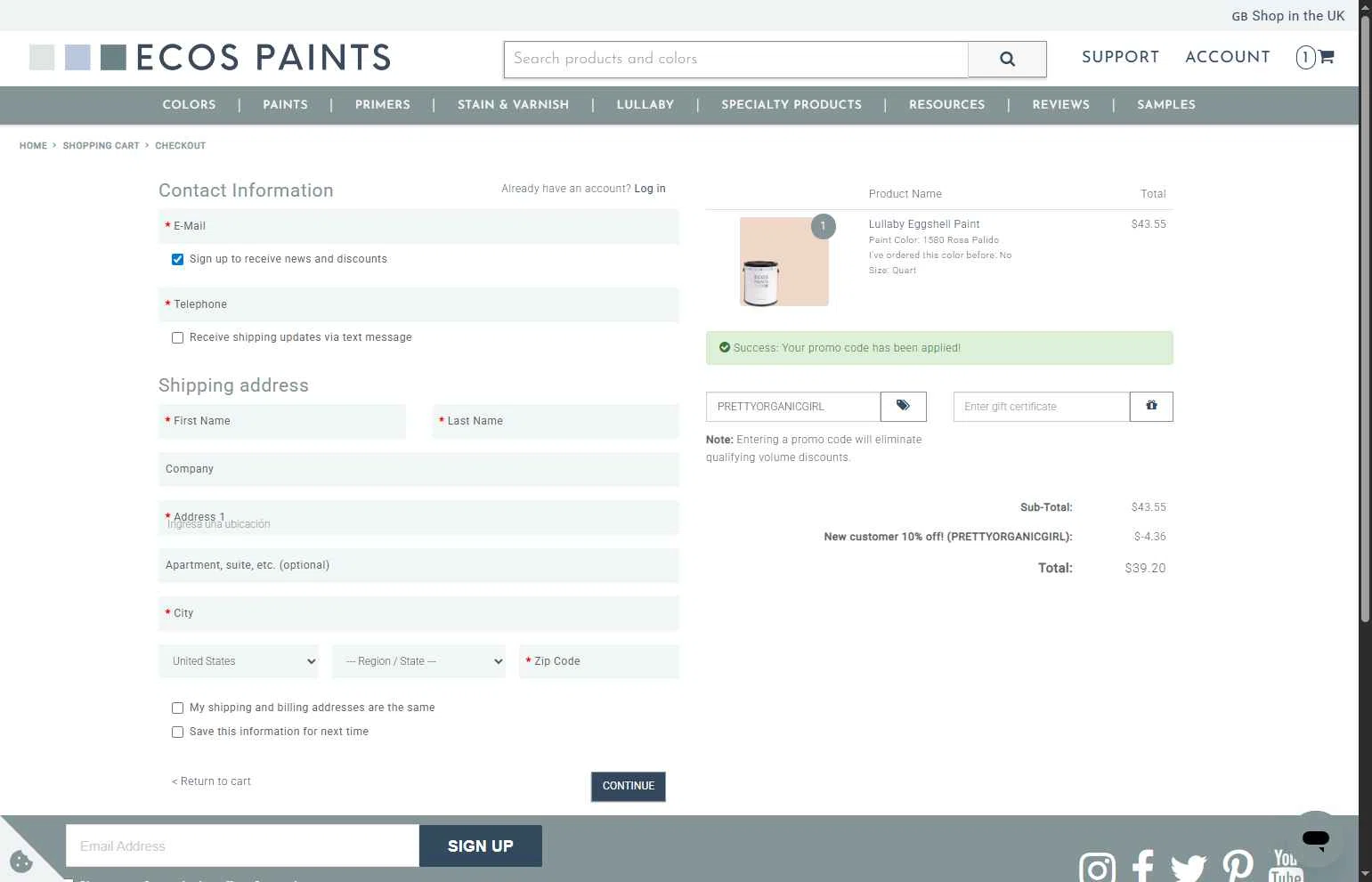 ECOS Paints checkout page showing ECOS Paints coupon code box | Screenshot taken by SimplyCodes community member on Dec 9, 2025