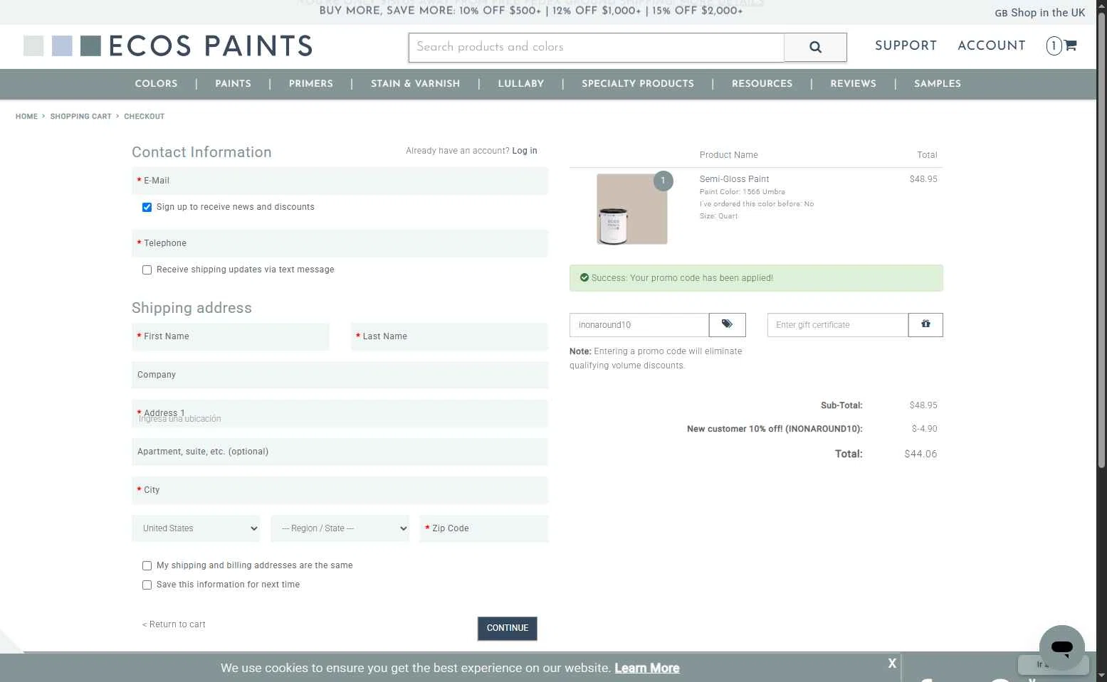 ECOS Paints checkout page showing ECOS Paints coupon code box | Screenshot taken by SimplyCodes community member on Sep 18, 2025