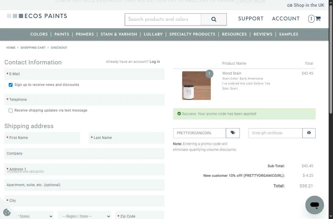 ECOS Paints checkout page showing ECOS Paints coupon code box | Screenshot taken by SimplyCodes community member on Sep 3, 2025