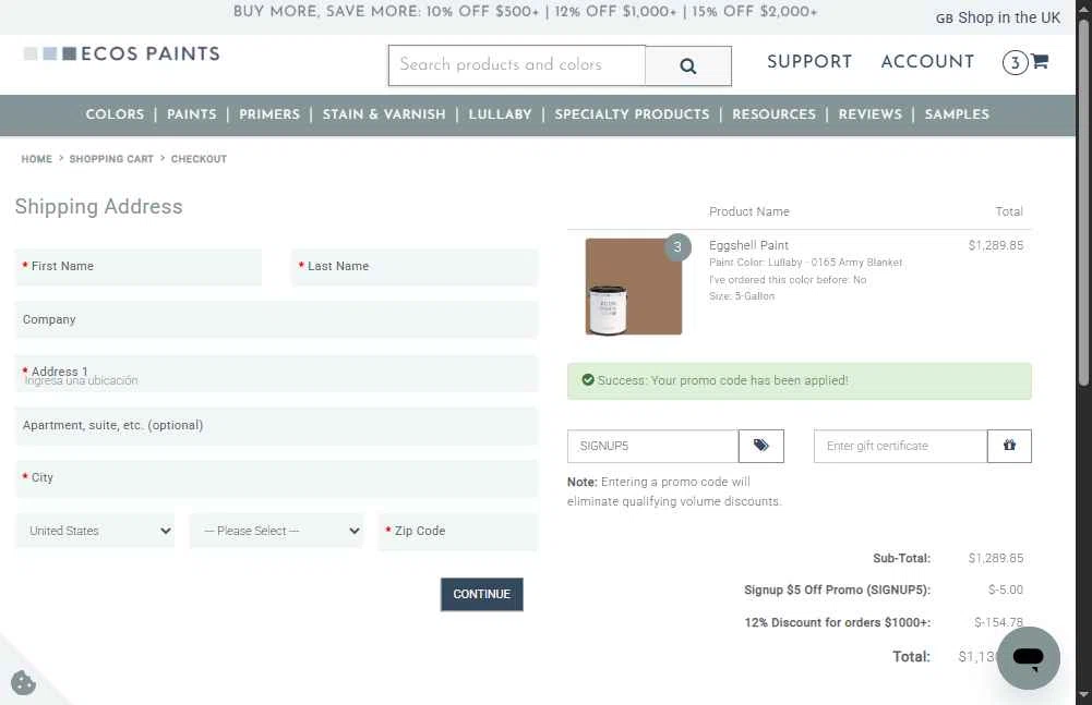 ECOS Paints checkout page showing ECOS Paints coupon code box | Screenshot taken by SimplyCodes community member on Jan 4, 2026