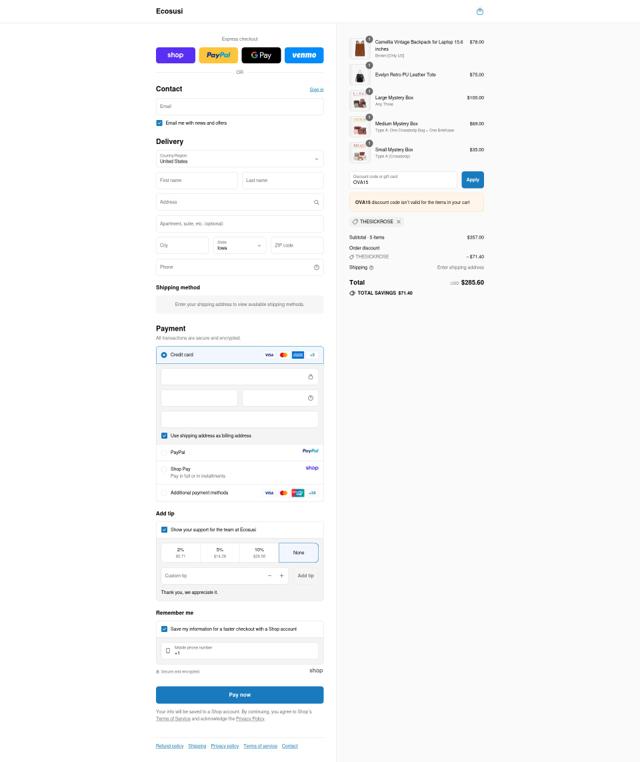 Ecosusi checkout page showing Ecosusi coupon code box | Screenshot taken by SimplyCodes community member on Sep 10, 2025