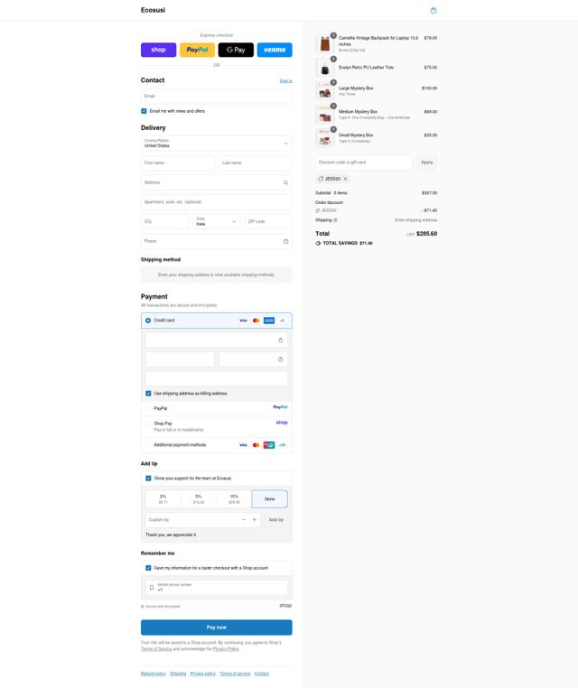 Ecosusi checkout page showing Ecosusi coupon code box | Screenshot taken by SimplyCodes community member on Sep 10, 2025