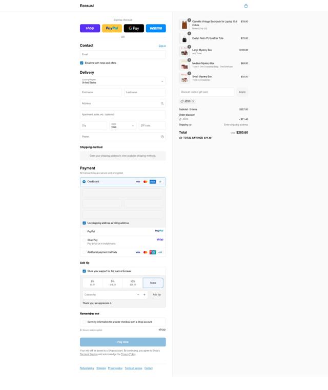 Ecosusi checkout page showing Ecosusi coupon code box | Screenshot taken by SimplyCodes community member on Sep 10, 2025