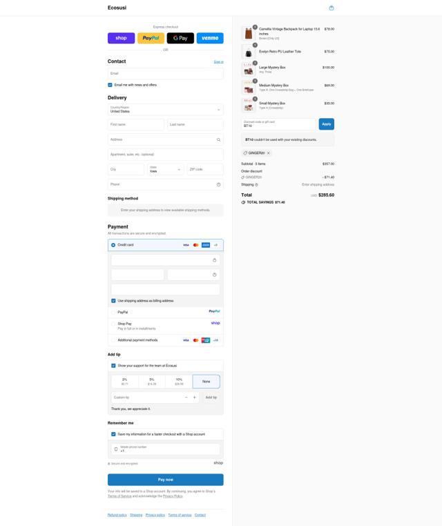 Ecosusi checkout page showing Ecosusi coupon code box | Screenshot taken by SimplyCodes community member on Sep 10, 2025