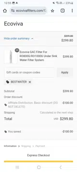 BESTWATER coupon verification screenshot