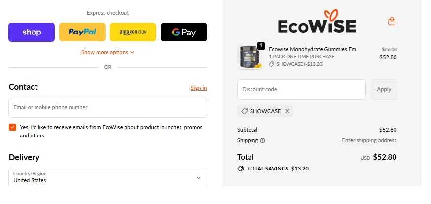 EcoWise discount code screenshot showing code SHOWCASE applied at EcoWise checkout page. Uploaded by SimplyCodes community member WiseTitan5941 on Nov 12, 2025
