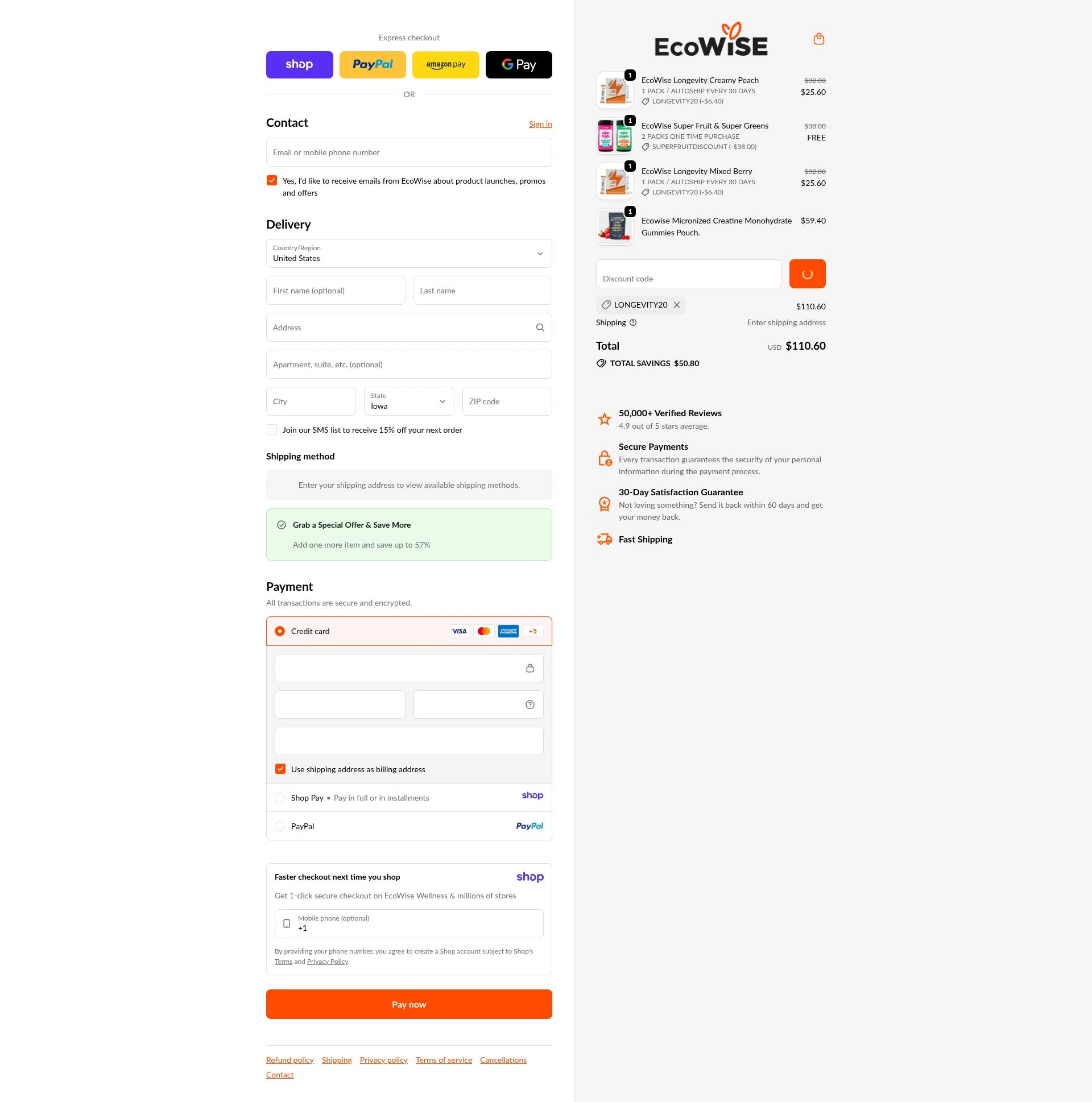 EcoWise checkout page showing EcoWise discount code box | Screenshot taken by SimplyCodes community member on Jan 10, 2026