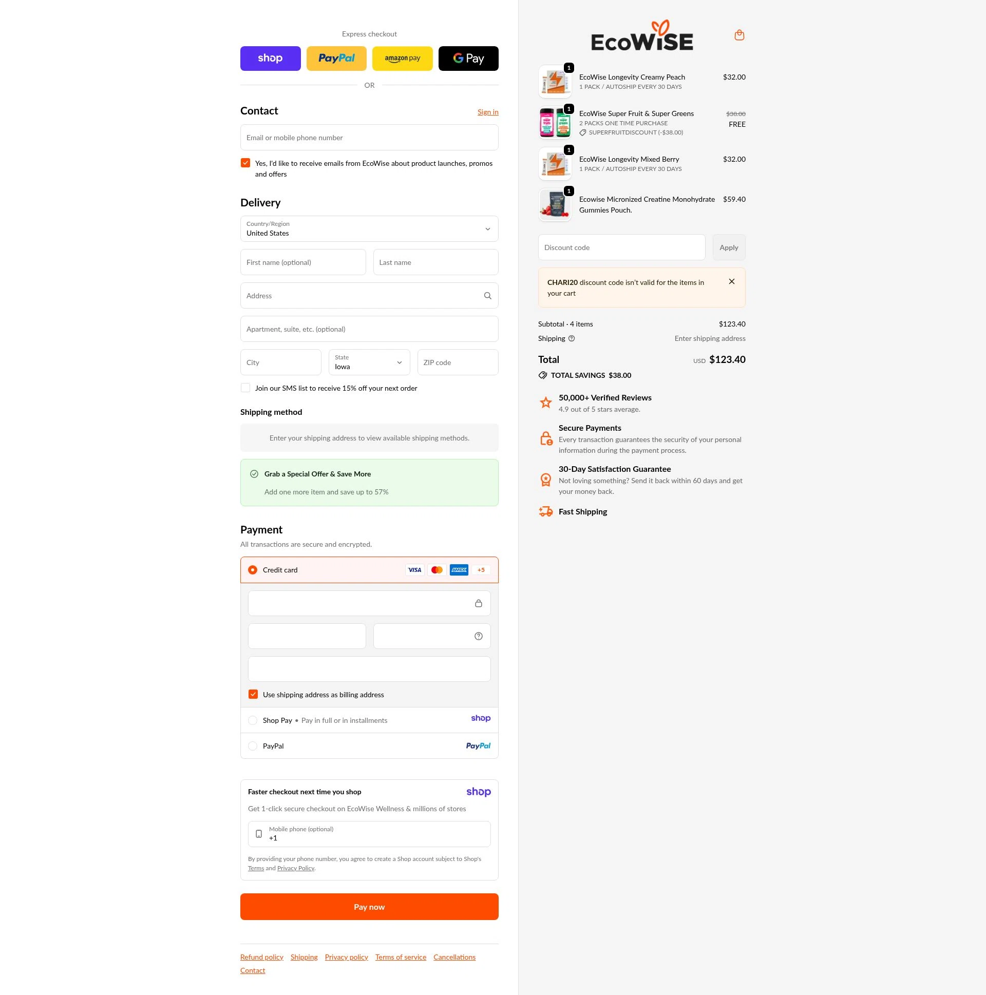 EcoWise checkout page showing EcoWise discount code box | Screenshot taken by SimplyCodes community member on Jan 10, 2026
