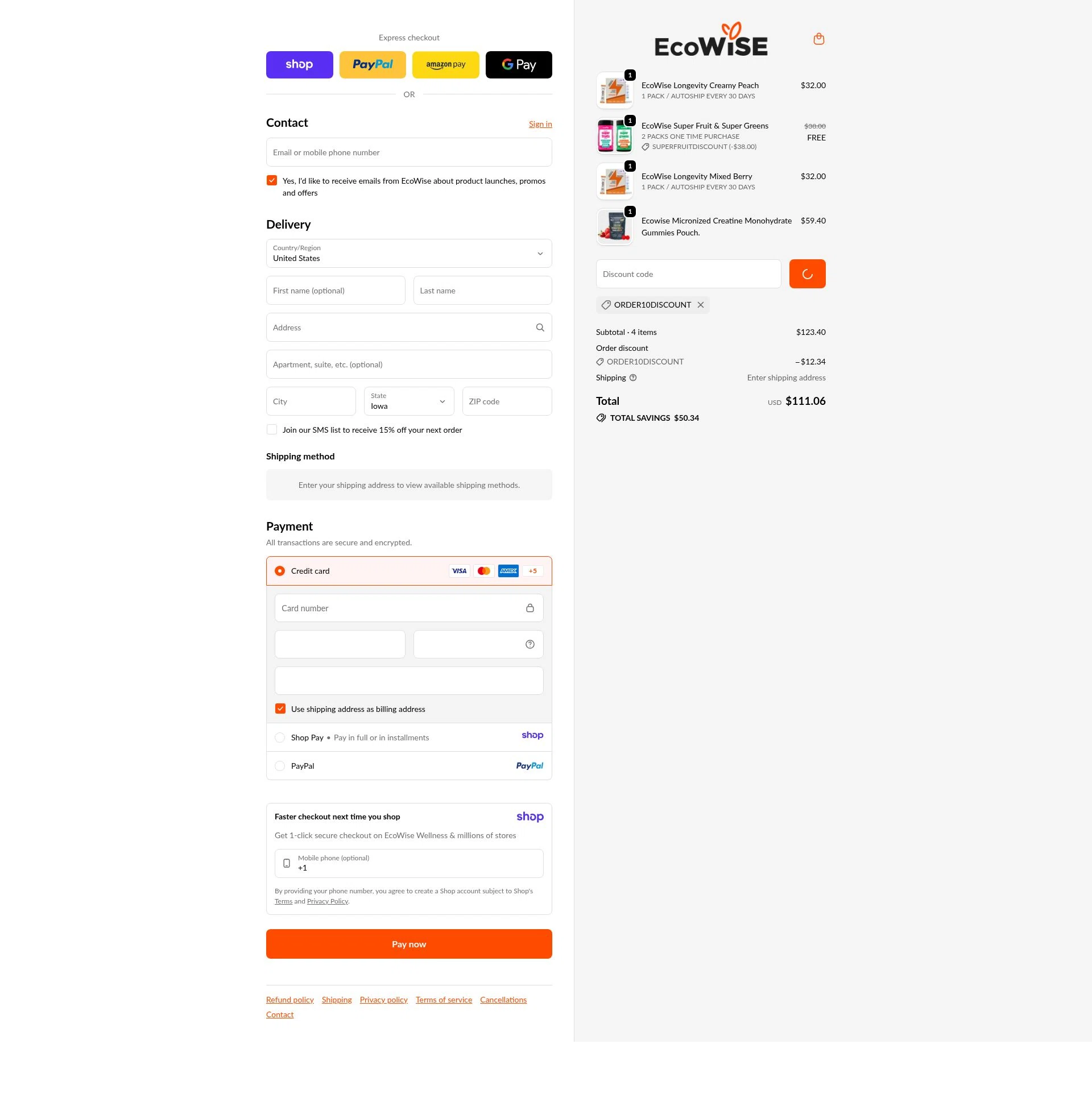 EcoWise checkout page showing EcoWise discount code box | Screenshot taken by SimplyCodes community member on Jan 10, 2026