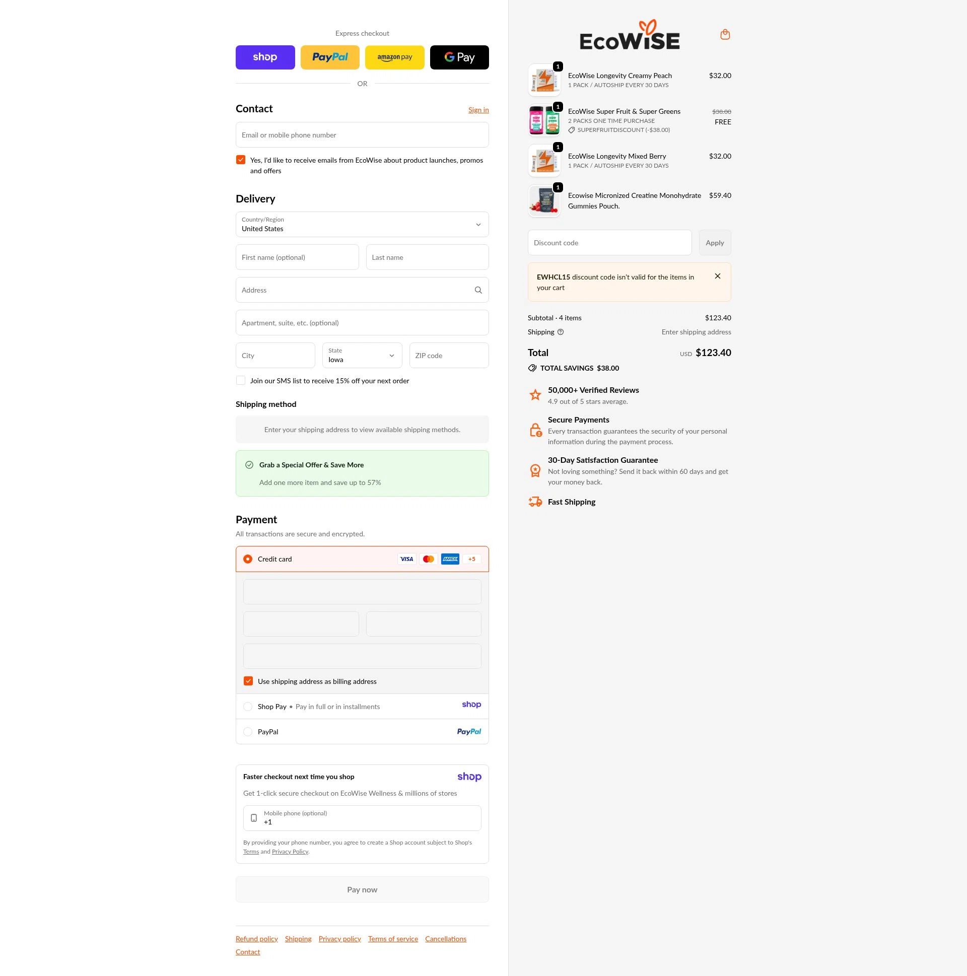 EcoWise checkout page showing EcoWise discount code box | Screenshot taken by SimplyCodes community member on Jan 10, 2026