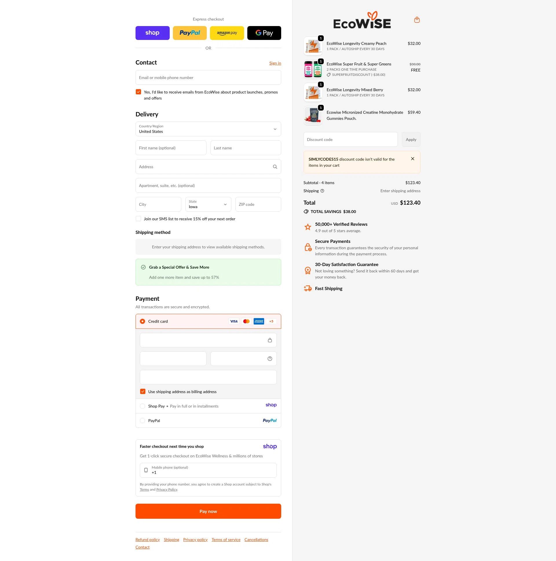 EcoWise checkout page showing EcoWise discount code box | Screenshot taken by SimplyCodes community member on Jan 10, 2026