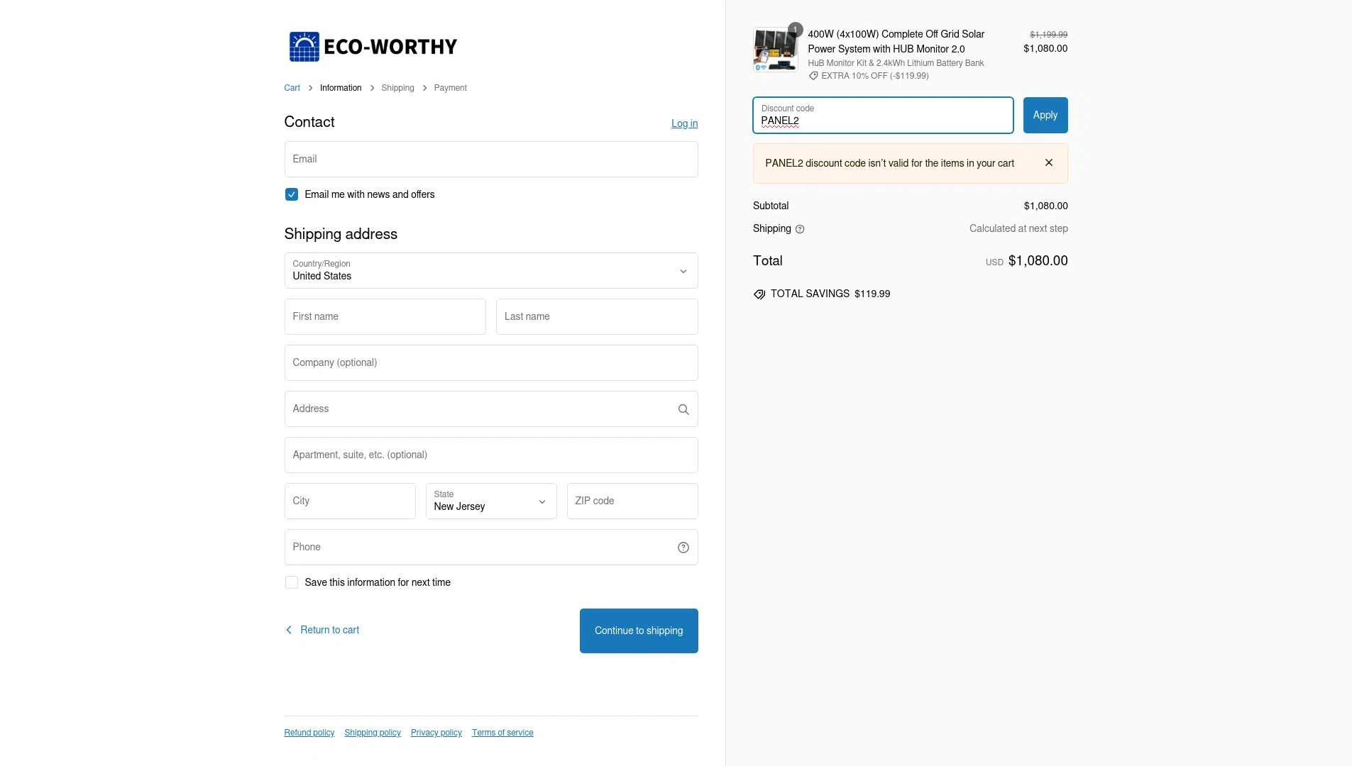 where to use Eco-Worthy promo code box