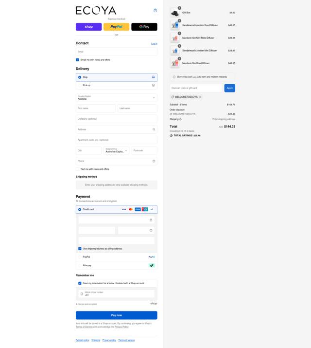 Ecoya checkout page showing Ecoya discount code box | Screenshot taken by SimplyCodes community member on Sep 4, 2025