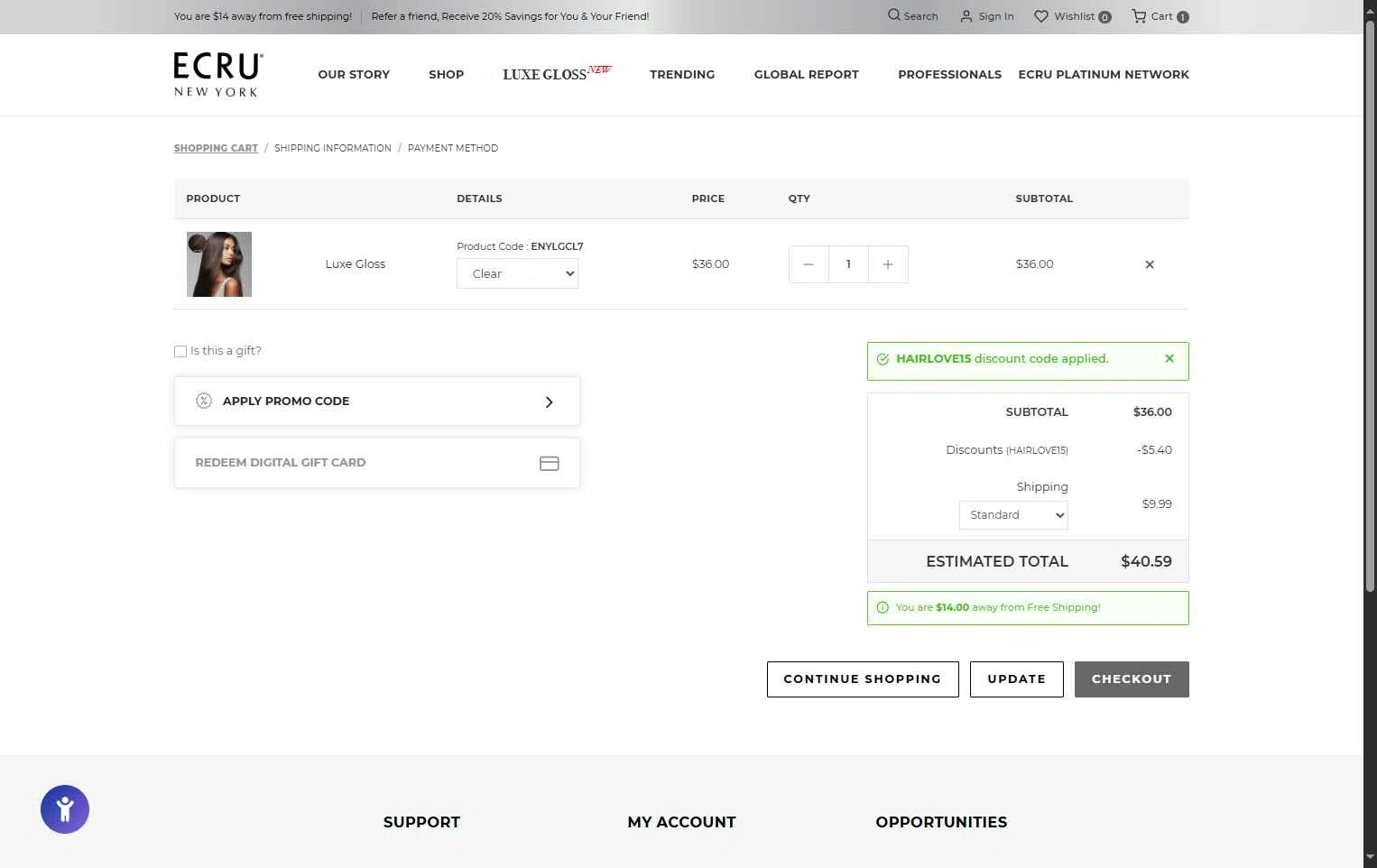 ECRU New York checkout page showing ECRU New York promo code box | Screenshot taken by SimplyCodes community member on Oct 10, 2025