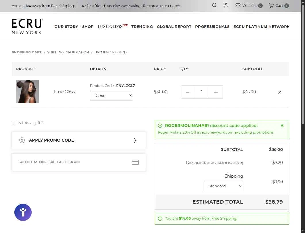 ECRU New York checkout page showing ECRU New York promo code box | Screenshot taken by SimplyCodes community member on Dec 11, 2025