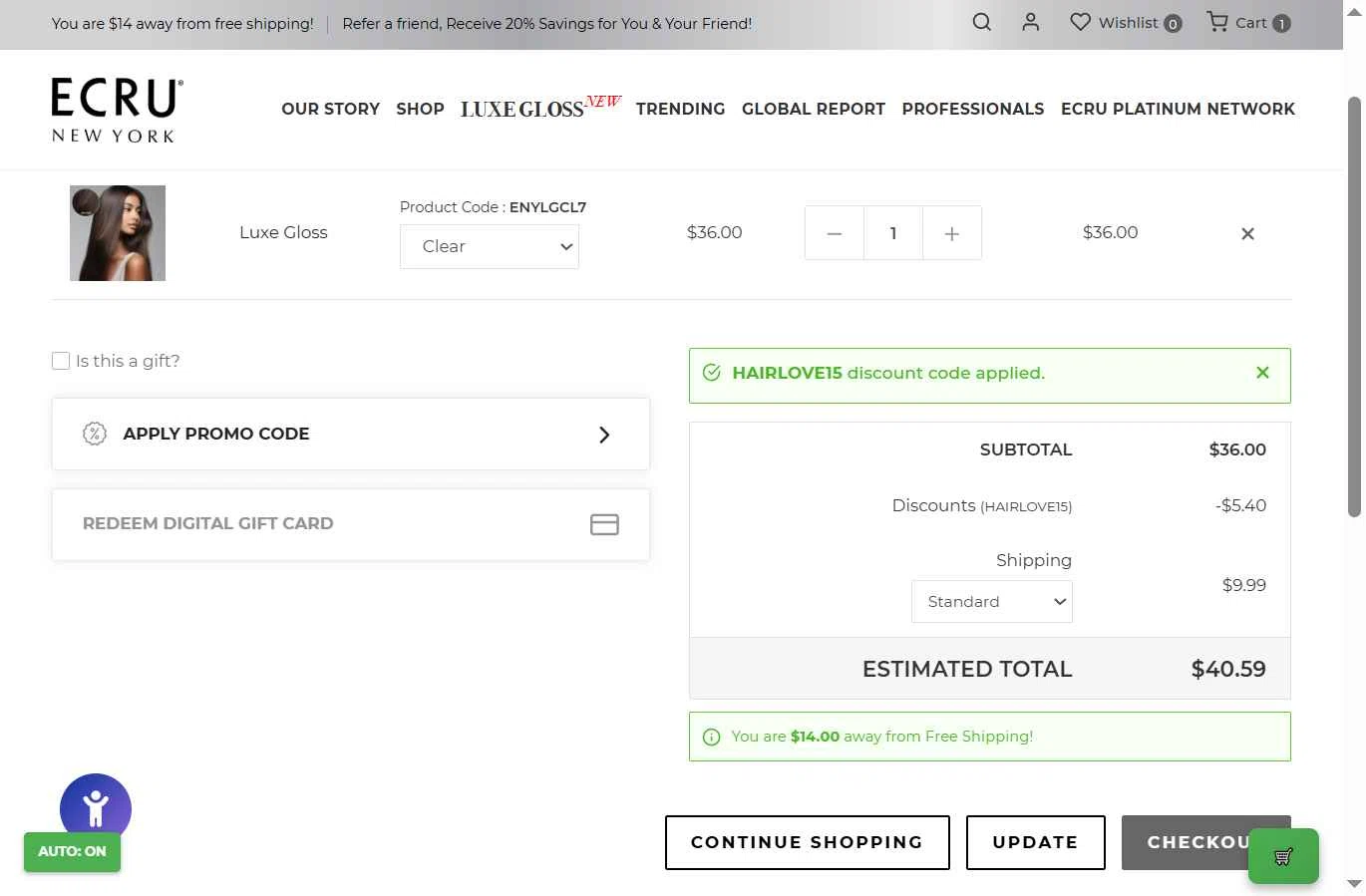 ECRU New York checkout page showing ECRU New York promo code box | Screenshot taken by SimplyCodes community member on Nov 8, 2025
