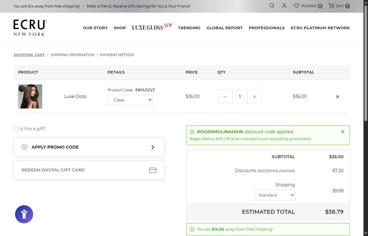 ECRU New York checkout page showing ECRU New York promo code box | Screenshot taken by SimplyCodes community member on Nov 12, 2025