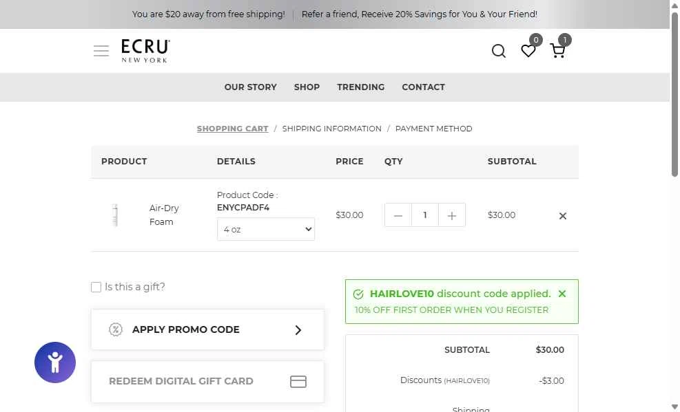 ECRU New York checkout page showing ECRU New York promo code box | Screenshot taken by SimplyCodes community member on Dec 16, 2025