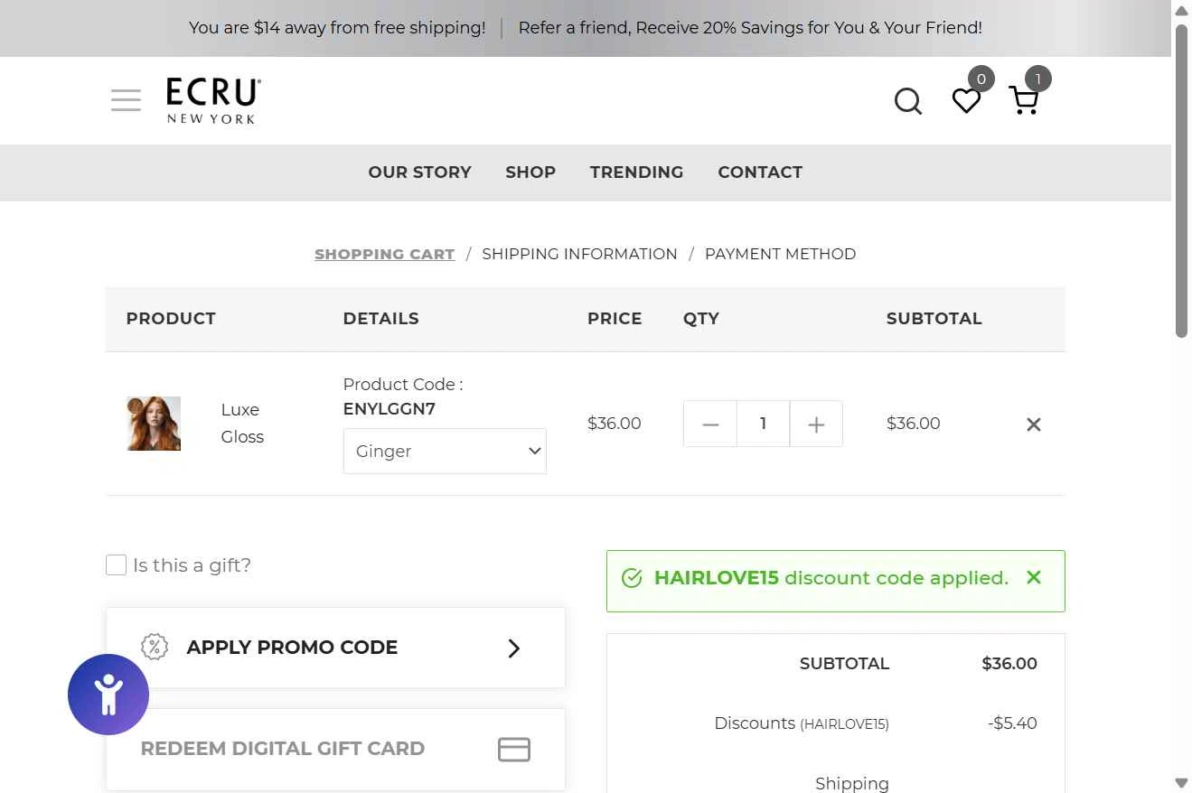 ECRU New York checkout page showing ECRU New York promo code box | Screenshot taken by SimplyCodes community member on Jan 5, 2026