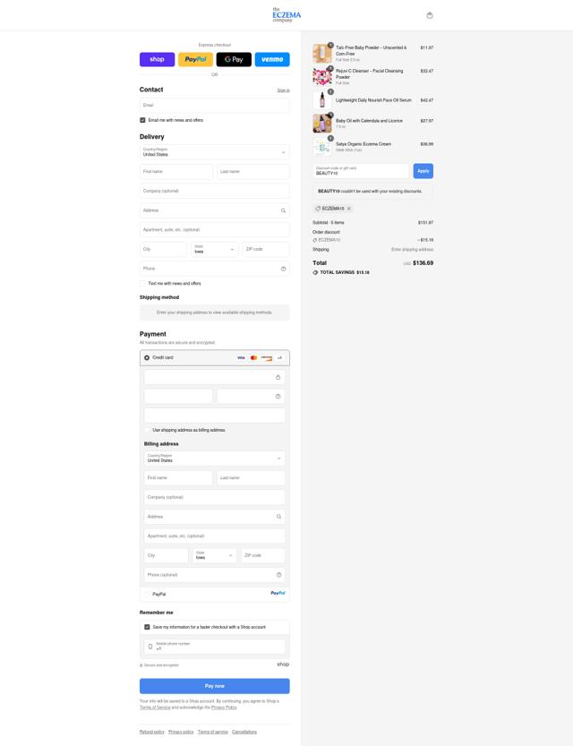 The Eczema Company checkout page showing The Eczema Company coupon code box | Screenshot taken by SimplyCodes community member on Sep 9, 2025