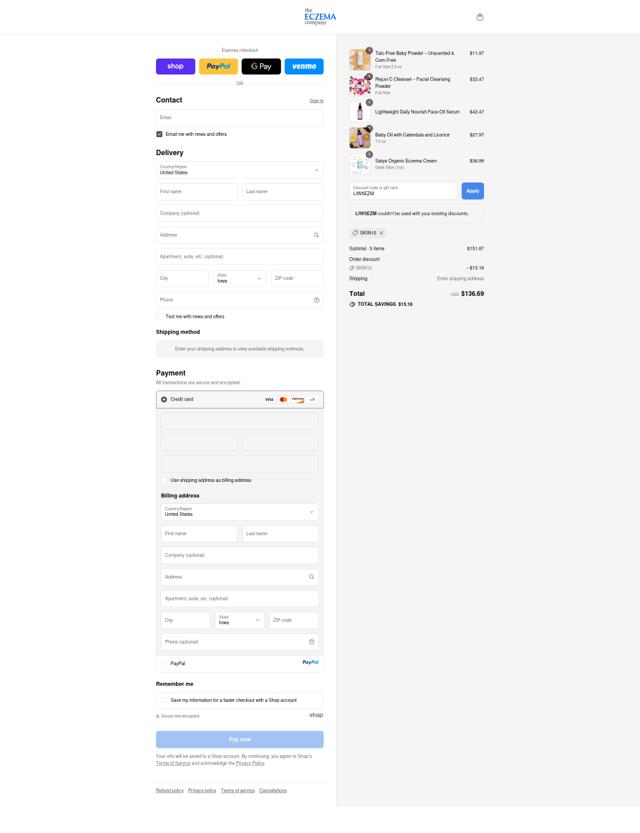 The Eczema Company checkout page showing The Eczema Company coupon code box | Screenshot taken by SimplyCodes community member on Sep 9, 2025