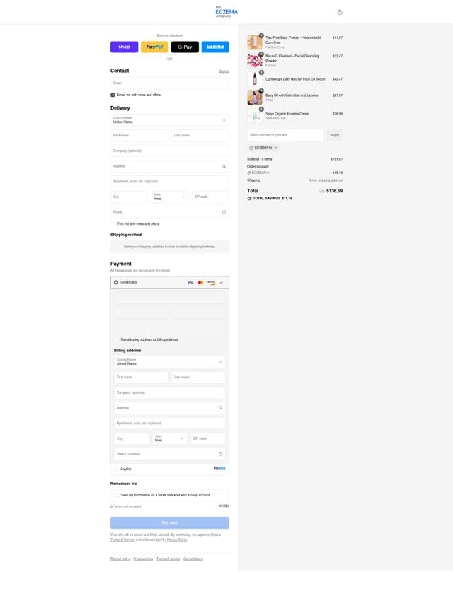 The Eczema Company checkout page showing The Eczema Company coupon code box | Screenshot taken by SimplyCodes community member on Sep 13, 2025