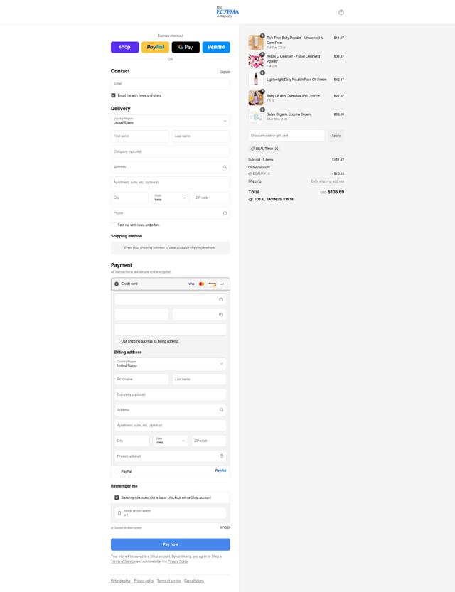 The Eczema Company checkout page showing The Eczema Company coupon code box | Screenshot taken by SimplyCodes community member on Sep 13, 2025