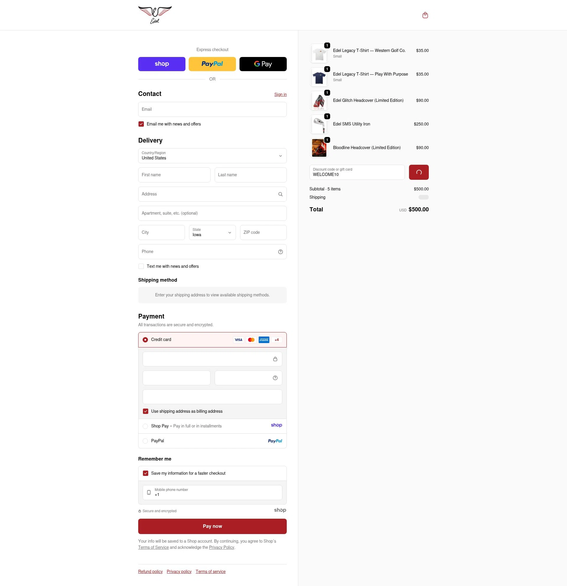 Edel Golf checkout page showing Edel Golf promo code box | Screenshot taken by SimplyCodes community member on Dec 23, 2025