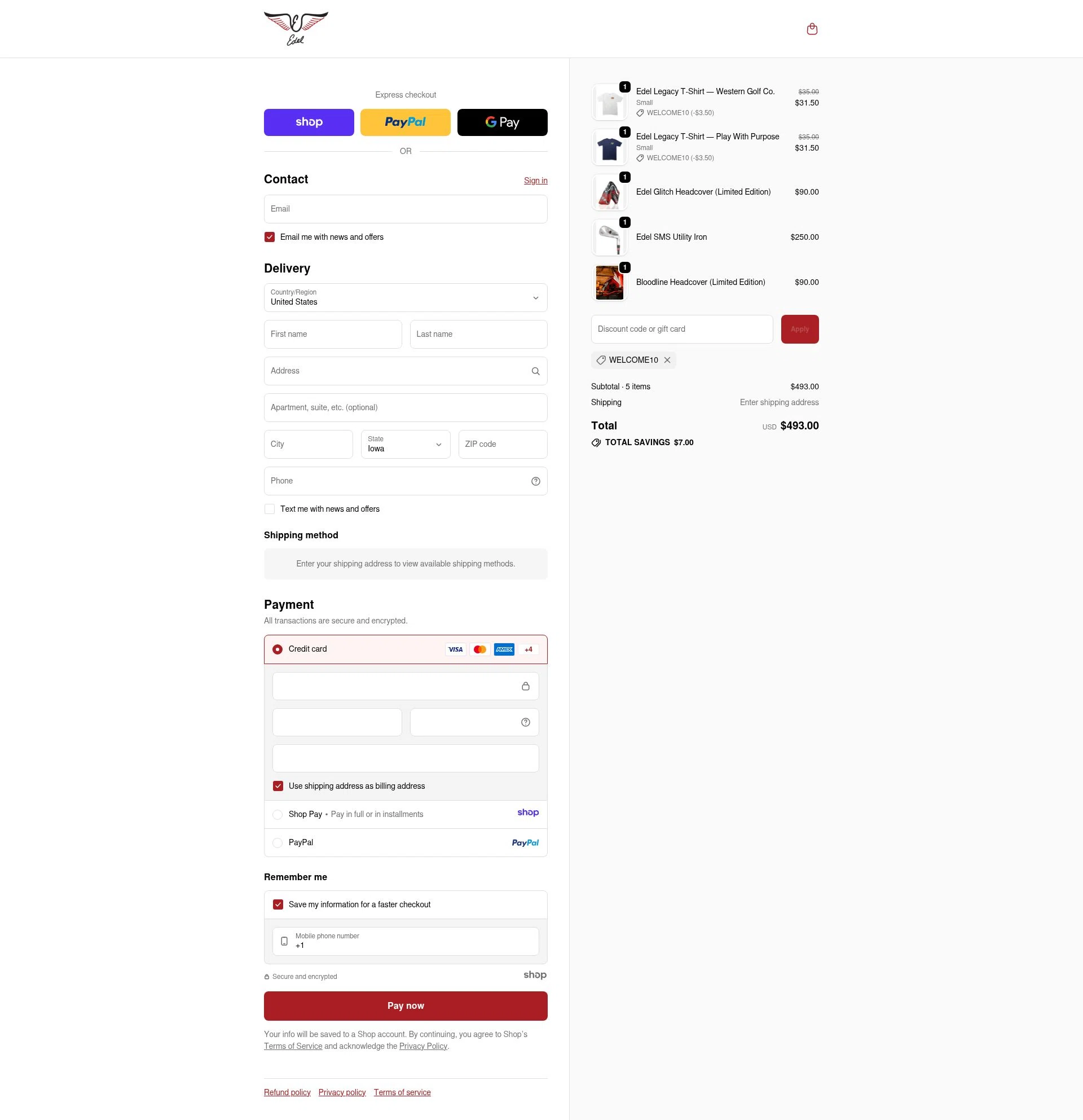 Edel Golf checkout page showing Edel Golf promo code box | Screenshot taken by SimplyCodes community member on Dec 28, 2025