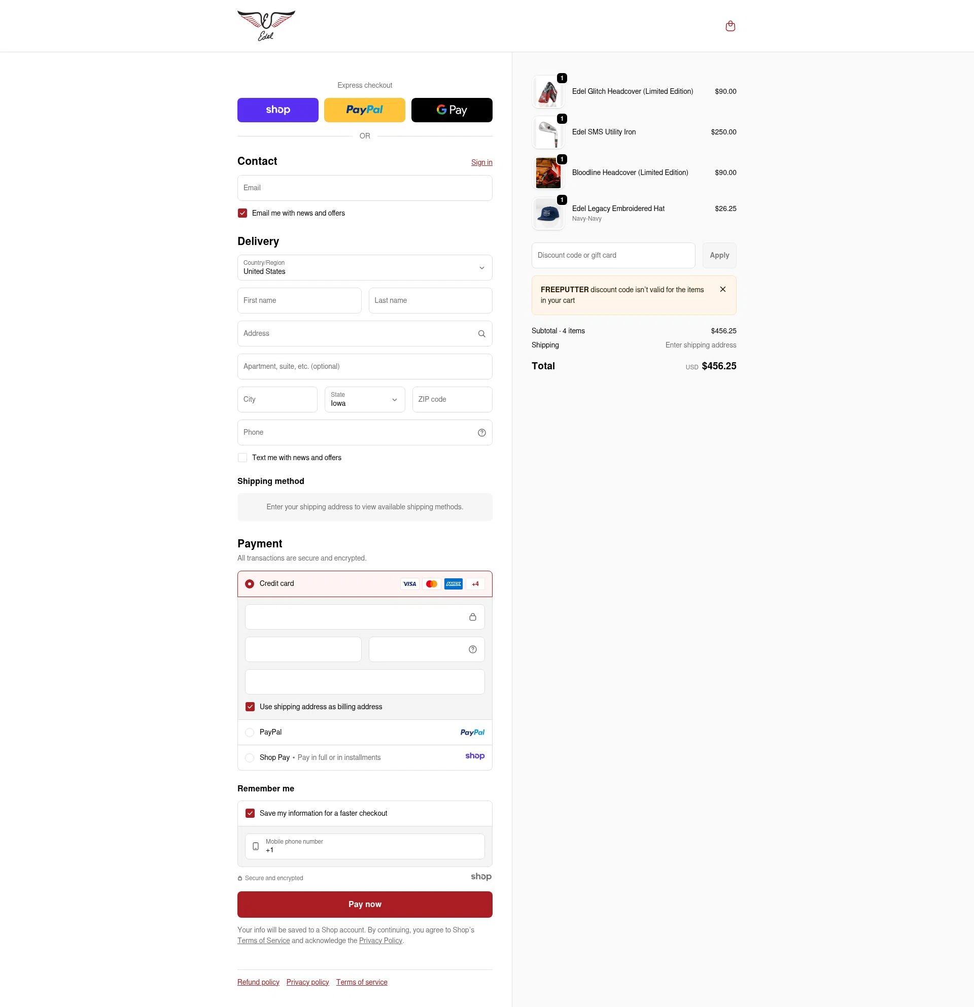 Edel Golf checkout page showing Edel Golf promo code box | Screenshot taken by SimplyCodes community member on Dec 17, 2025